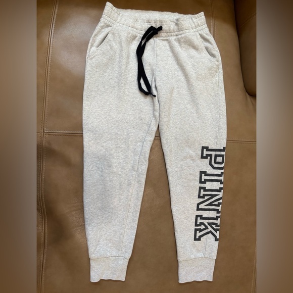 PINK Victoria's Secret Light Gray Jogger Pants with Black Drawstring - Picture 2 of 5
